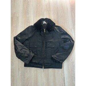 Security BUTWIN Mens Navy Blue Zip & Button Front Bomber Jacket Faux Fur Collar